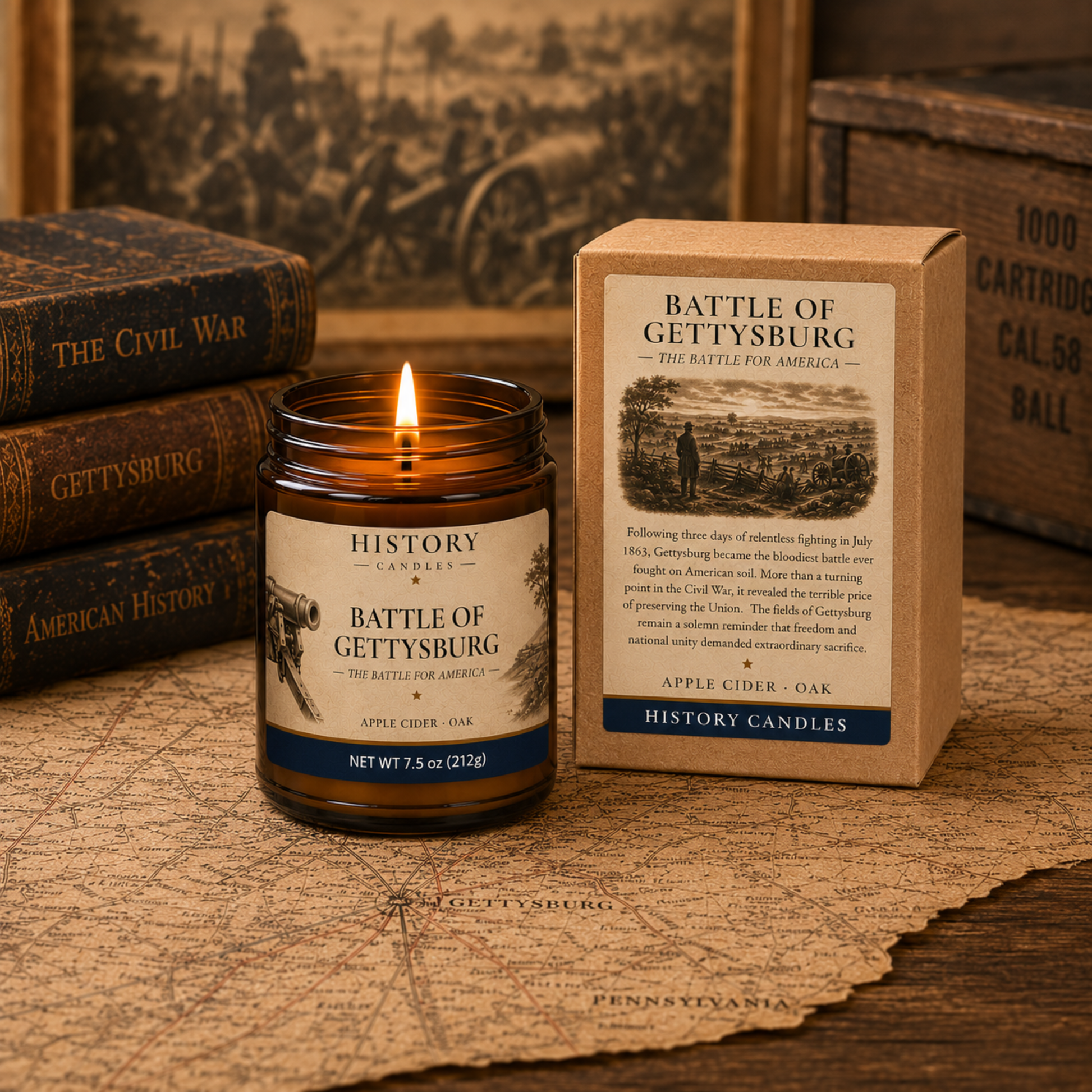 History Candles Gettysburg candle and premium gift box displayed in a historic study setting