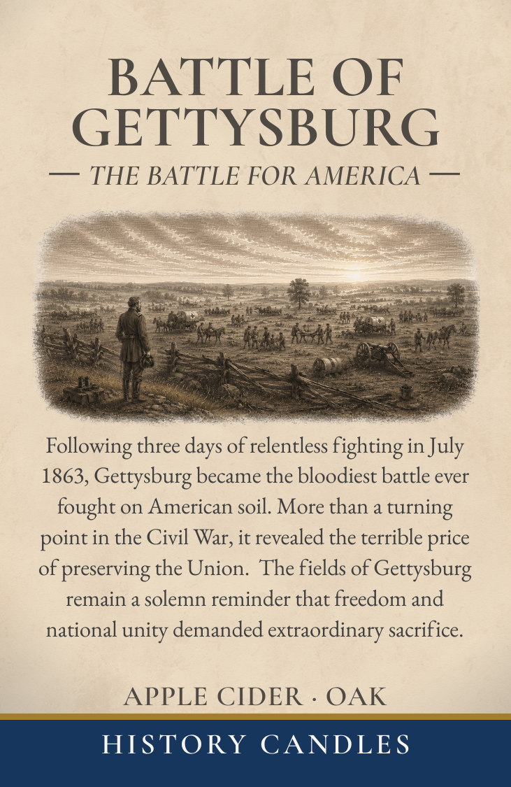 History Candles Gettysburg historical story label describing the Battle of Gettysburg
