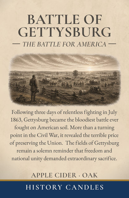 History Candles Gettysburg historical story label describing the Battle of Gettysburg