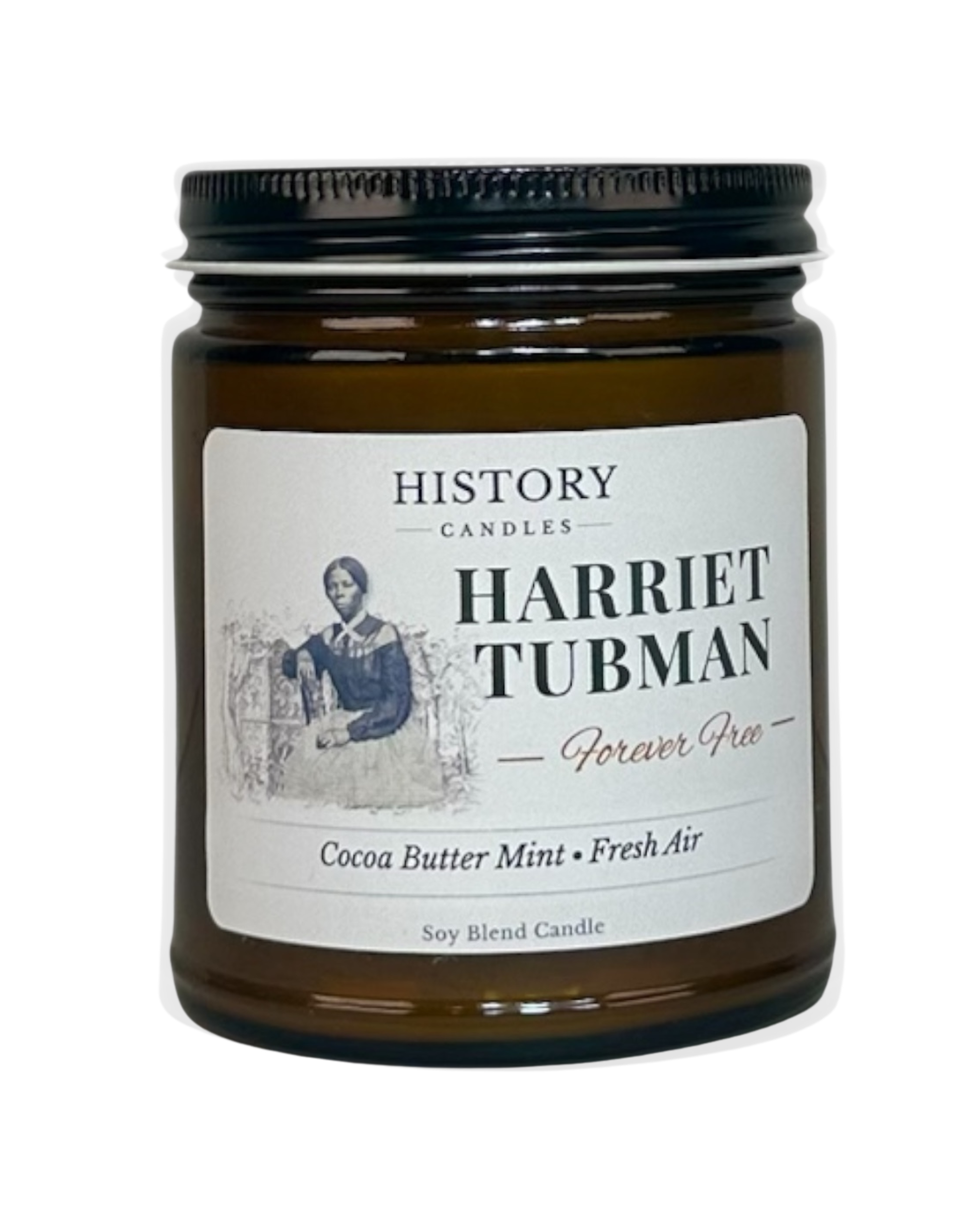 Harriet Tubman History Candle in amber glass jar with parchment-style label featuring Harriet Tubman portrait and “Forever Free” inscription, soy blend candle by History Candles