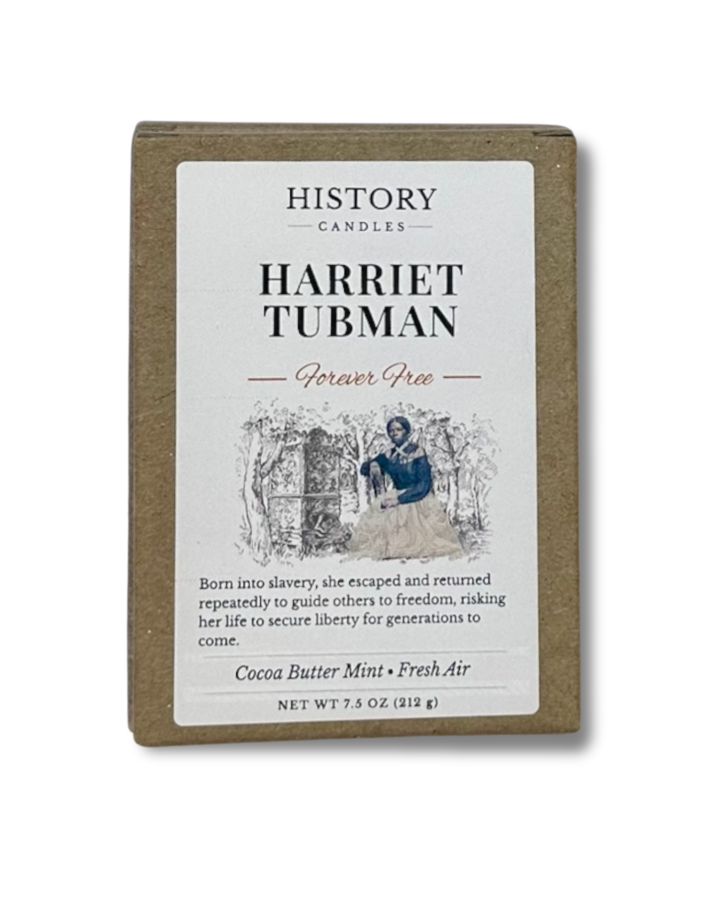 Harriet Tubman History Candle gift box with historical biography label describing her role as an abolitionist and conductor of the Underground Railroad