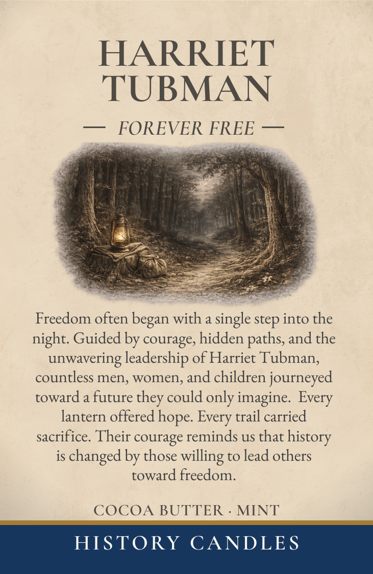 Harriet Tubman History Candle box displayed flat with full front design and product details.