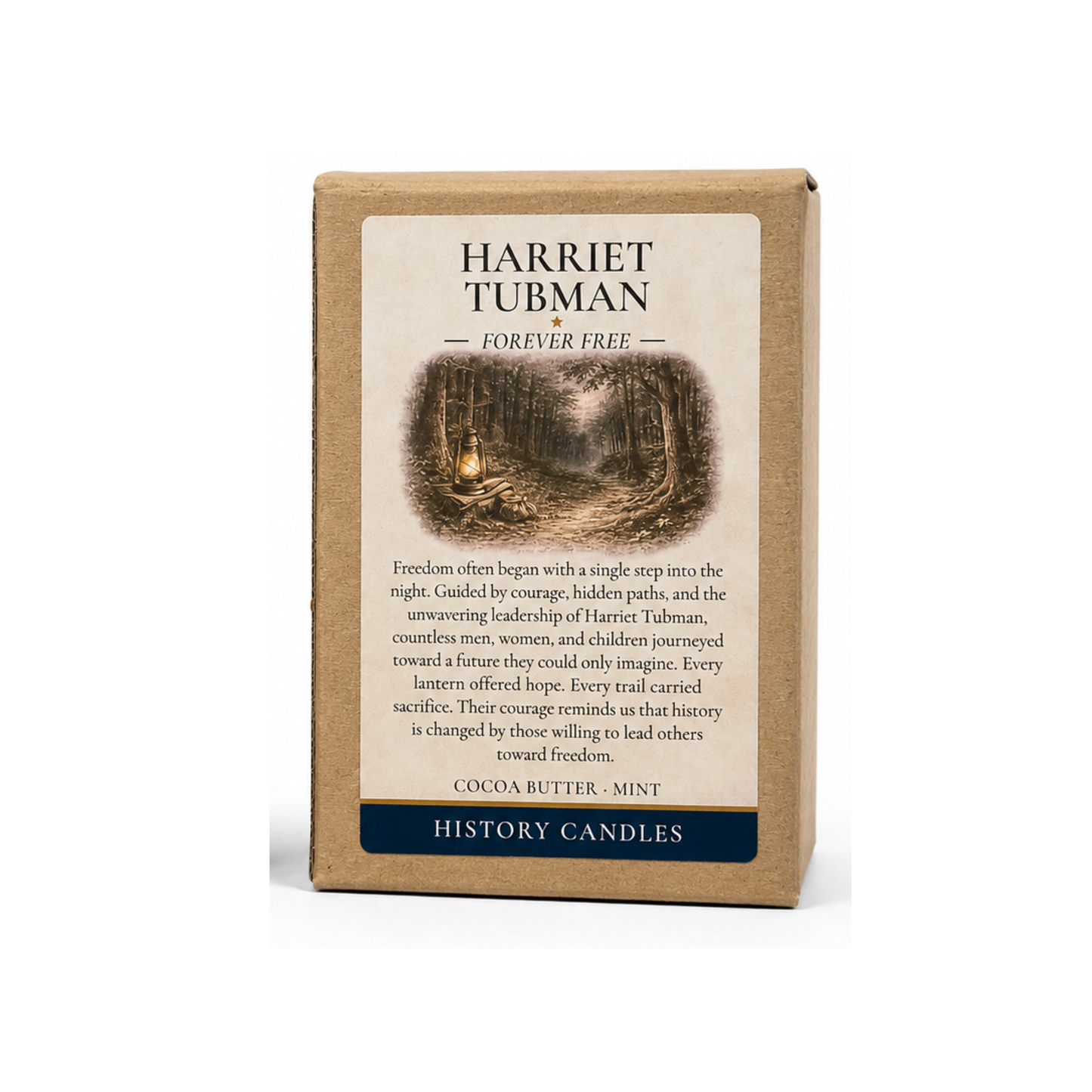 Front of Harriet Tubman History Candle gift box with historical artwork and scent details.