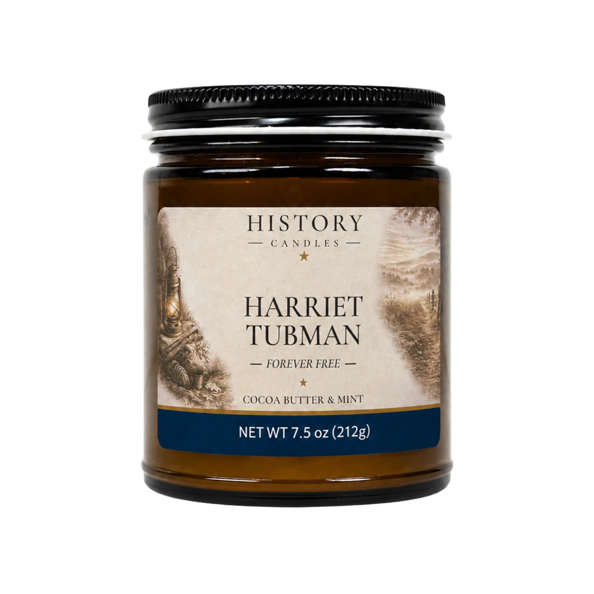 Harriet Tubman History Candle in amber glass jar with a black lid and historical label.