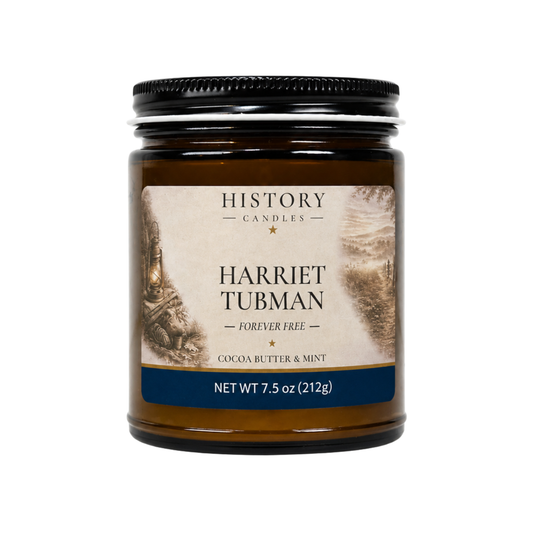 Harriet Tubman History Candle in amber glass jar with a black lid and historical label.