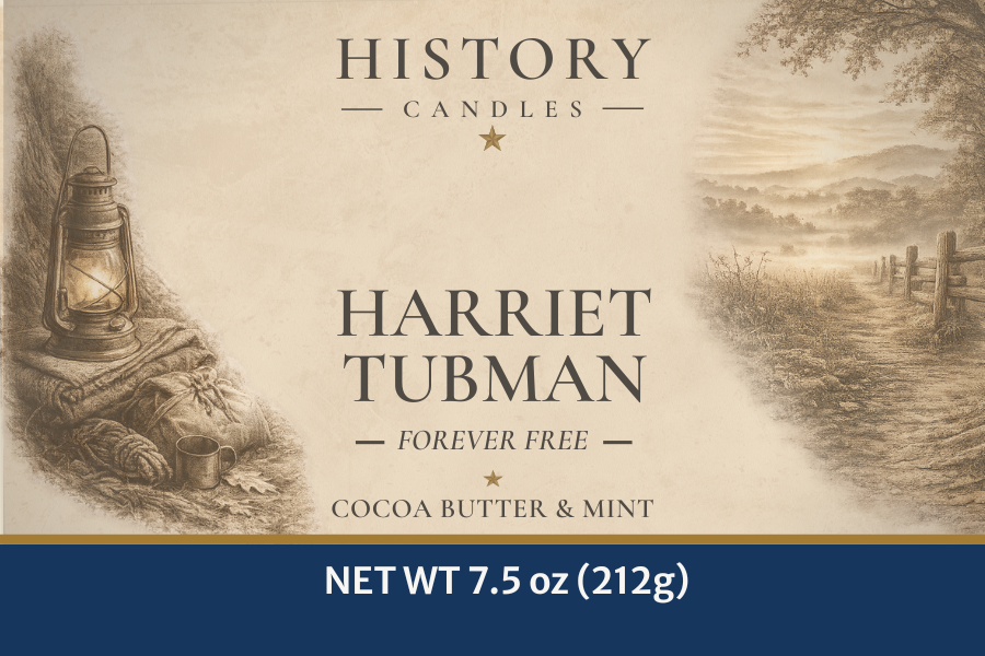 Close-up of Harriet Tubman candle label featuring historical portrait artwork.