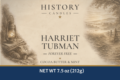 Close-up of Harriet Tubman candle label featuring historical portrait artwork.
