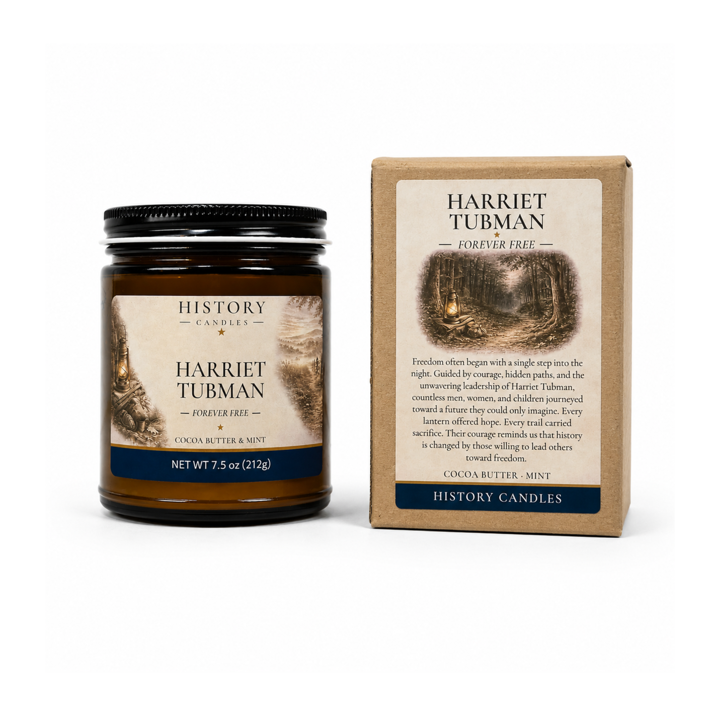 Harriet Tubman candle and gift box displayed together on a clean background