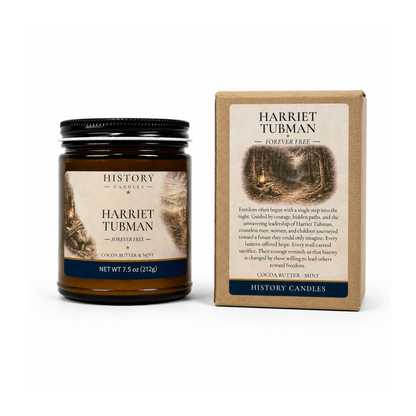 Harriet Tubman candle and gift box displayed together on a clean background