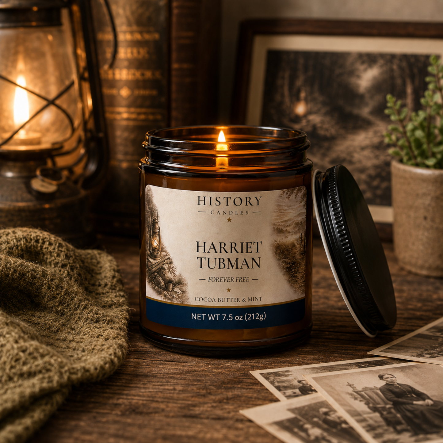 Harriet Tubman History Candle styled with vintage decor in a warm lifestyle setting.