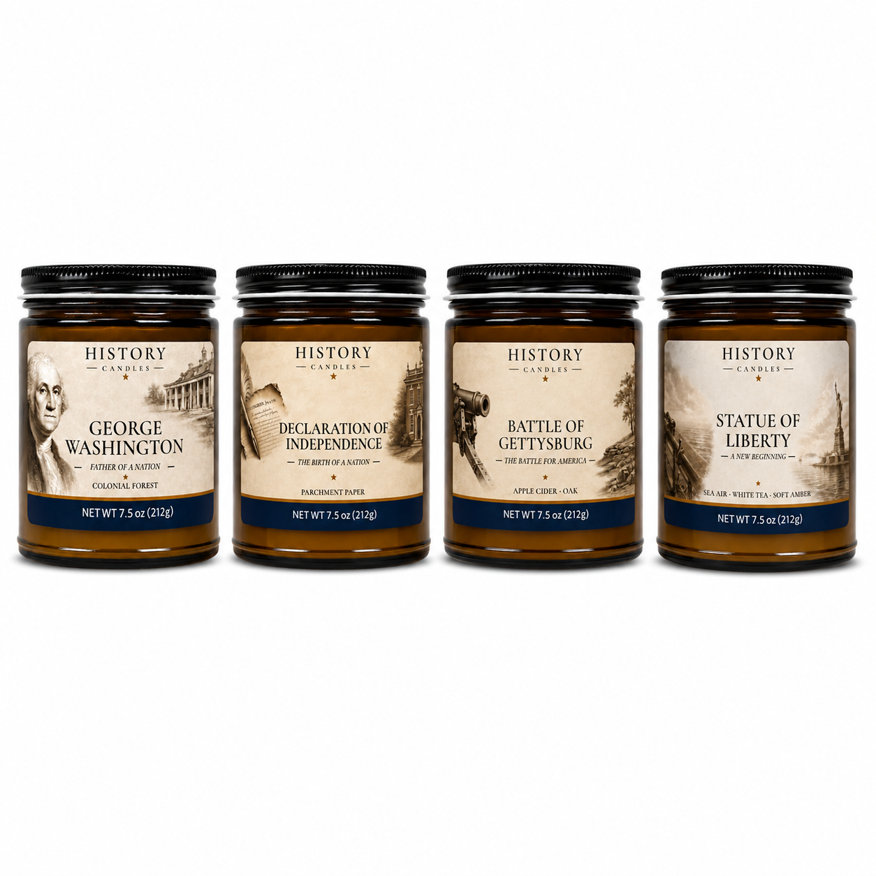 Four amber glass jars of History of the American Revolution candles lined up on a white background. The labels feature historical illustrations and text for George Washington, Declaration of Independence, Battle of Gettysburg, and Statue of Liberty.