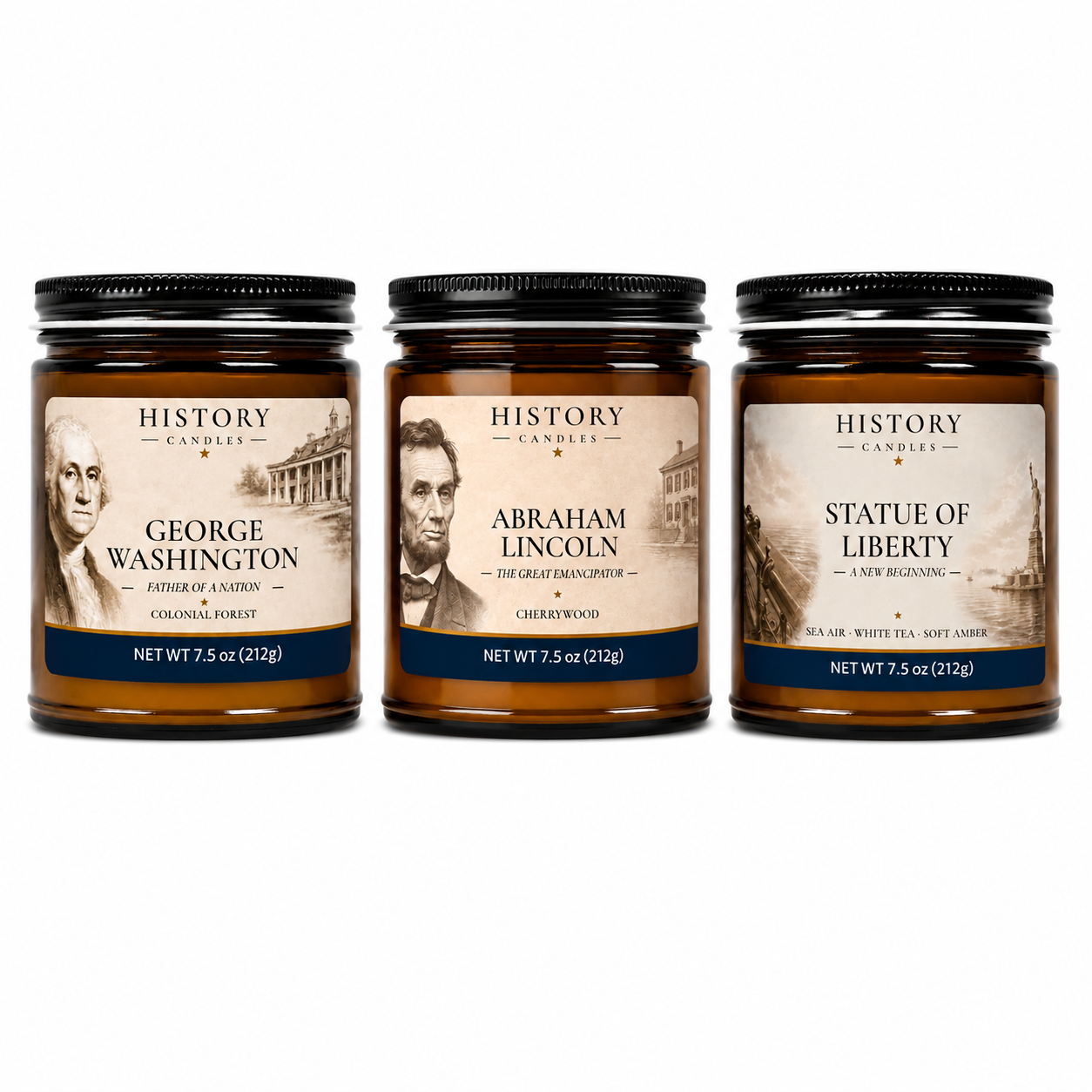 Three amber glass jar candles with black metal lids are shown side by side on a white background. The labels read History Candles and feature George Washington, Abraham Lincoln, and Statue of Liberty scents.