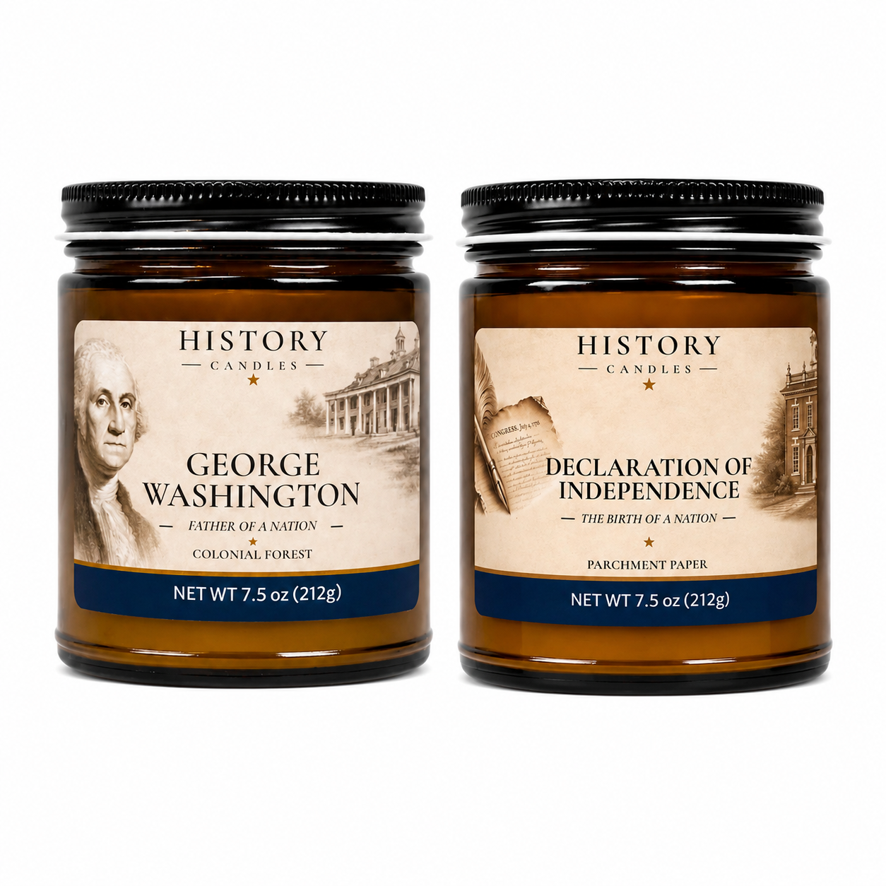 Two amber glass jar candles with black lids on a white background. The left jar is labeled 'George Washington - Colonial Forest' and the right jar is labeled 'Declaration of Independence - Parchment Paper'.