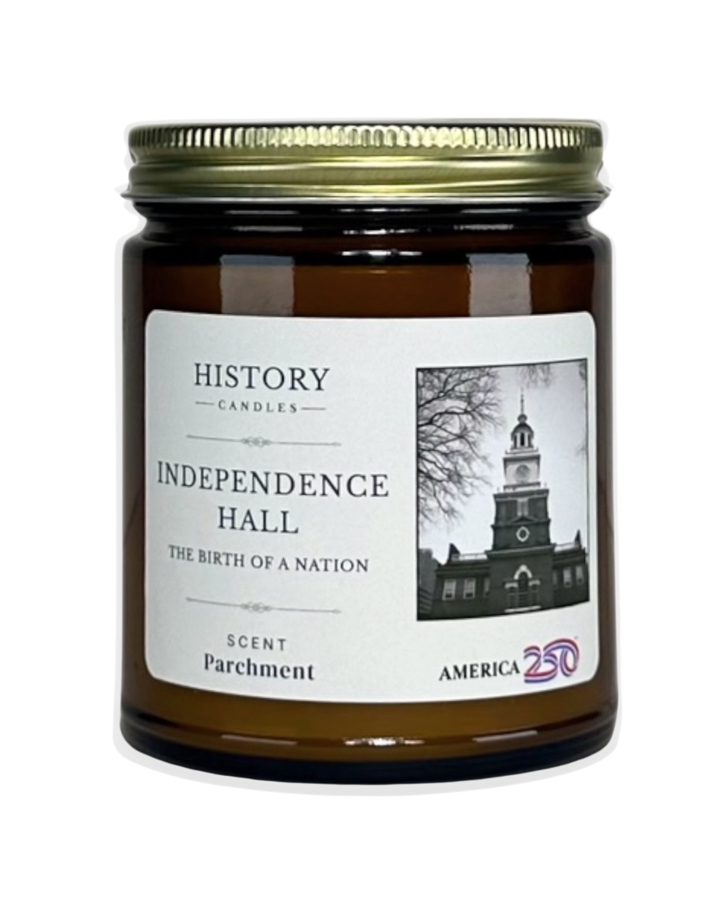 Independence Hall soy candle in amber glass jar with gold lid America 250