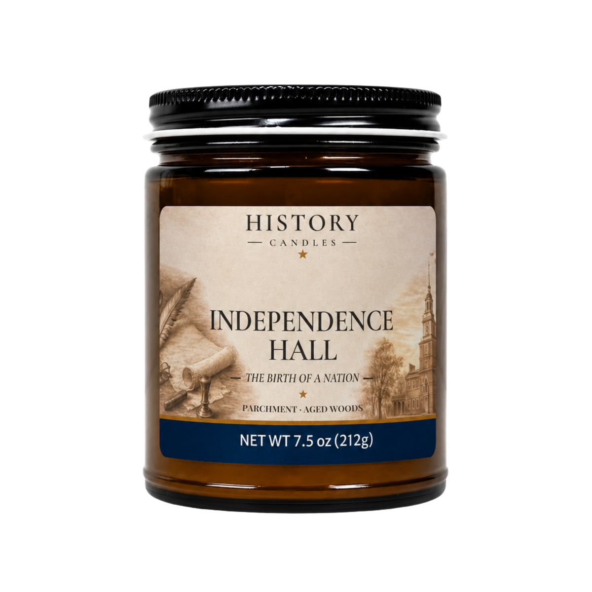 A 7.5 oz amber glass jar candle with a black metal lid and a vintage-style label reading 'HISTORY CANDLES' and 'INDEPENDENCE HALL'.