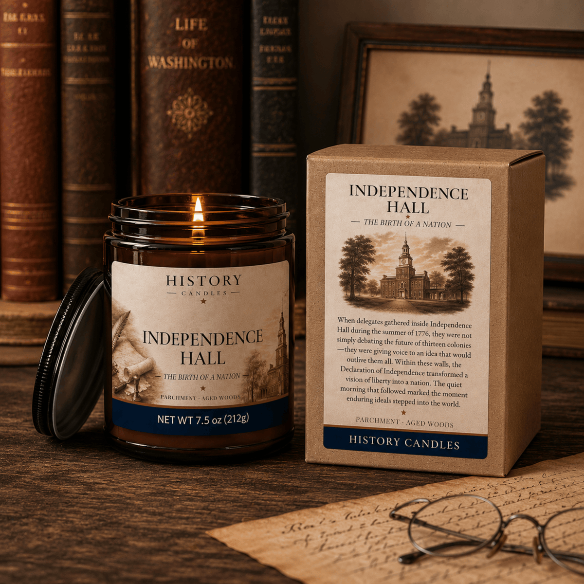 A lit candle in a glass jar with its lid off, shown beside its kraft paper box on a wooden surface. The label reads 'INDEPENDENCE HALL — THE BIRTH OF A NATION' and 'HISTORY Candles.