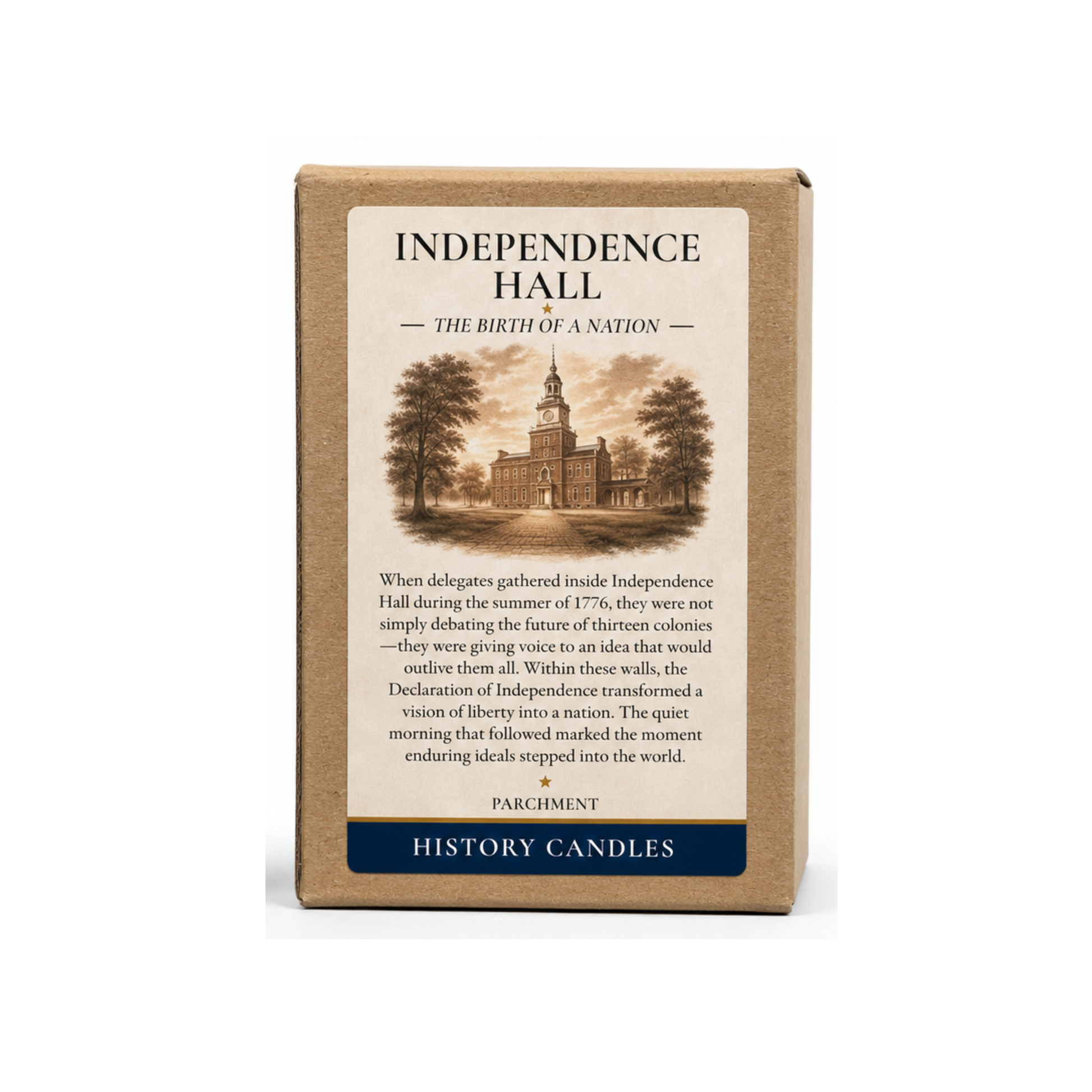 Premium Independence Hall History Candles gift box featuring original historical artwork.