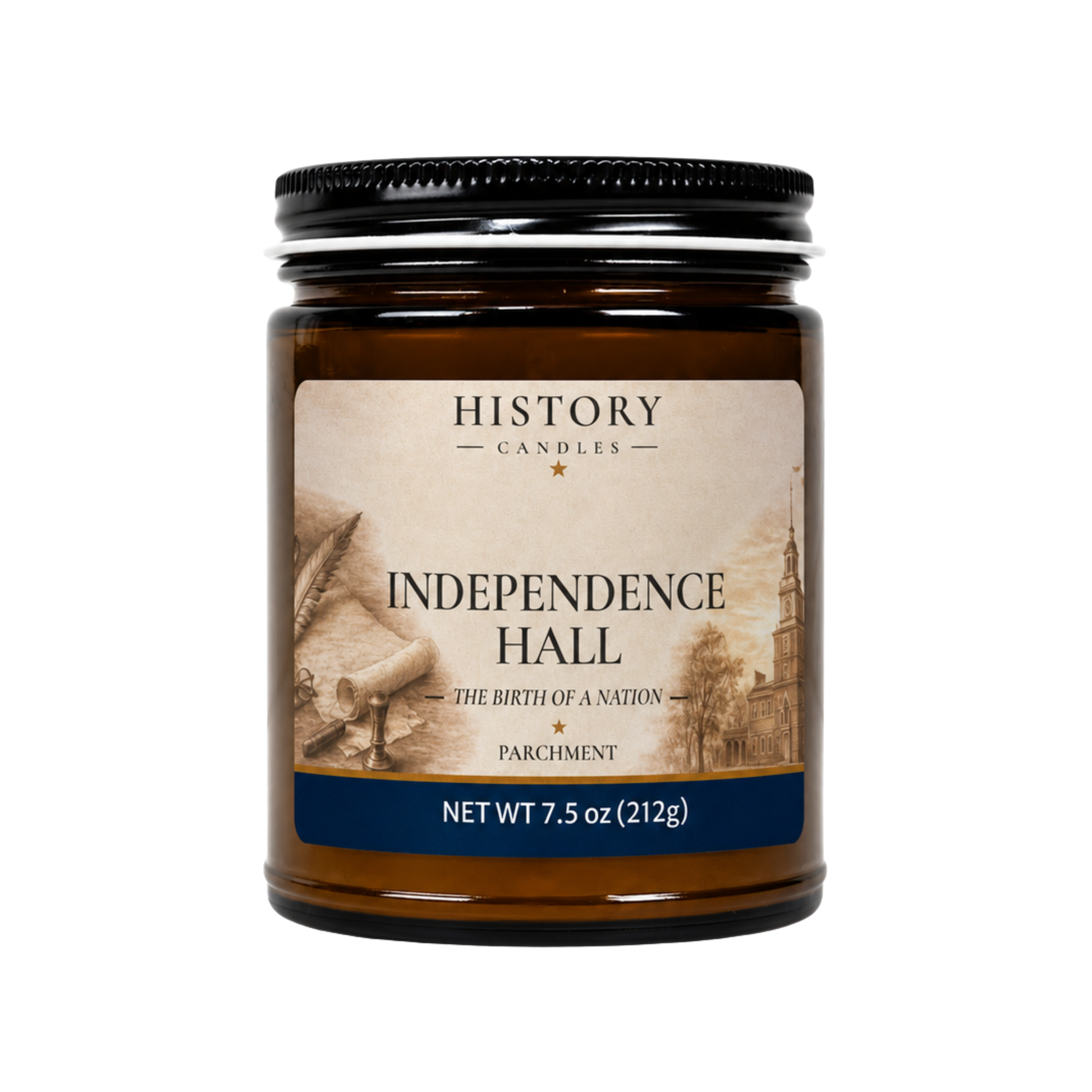 History Candles Independence Hall candle featuring the Parchment fragrance in an amber glass jar