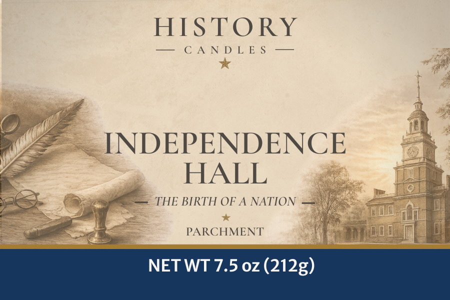 Close-up of the Independence Hall candle label featuring original artwork inspired by America's birthplace.