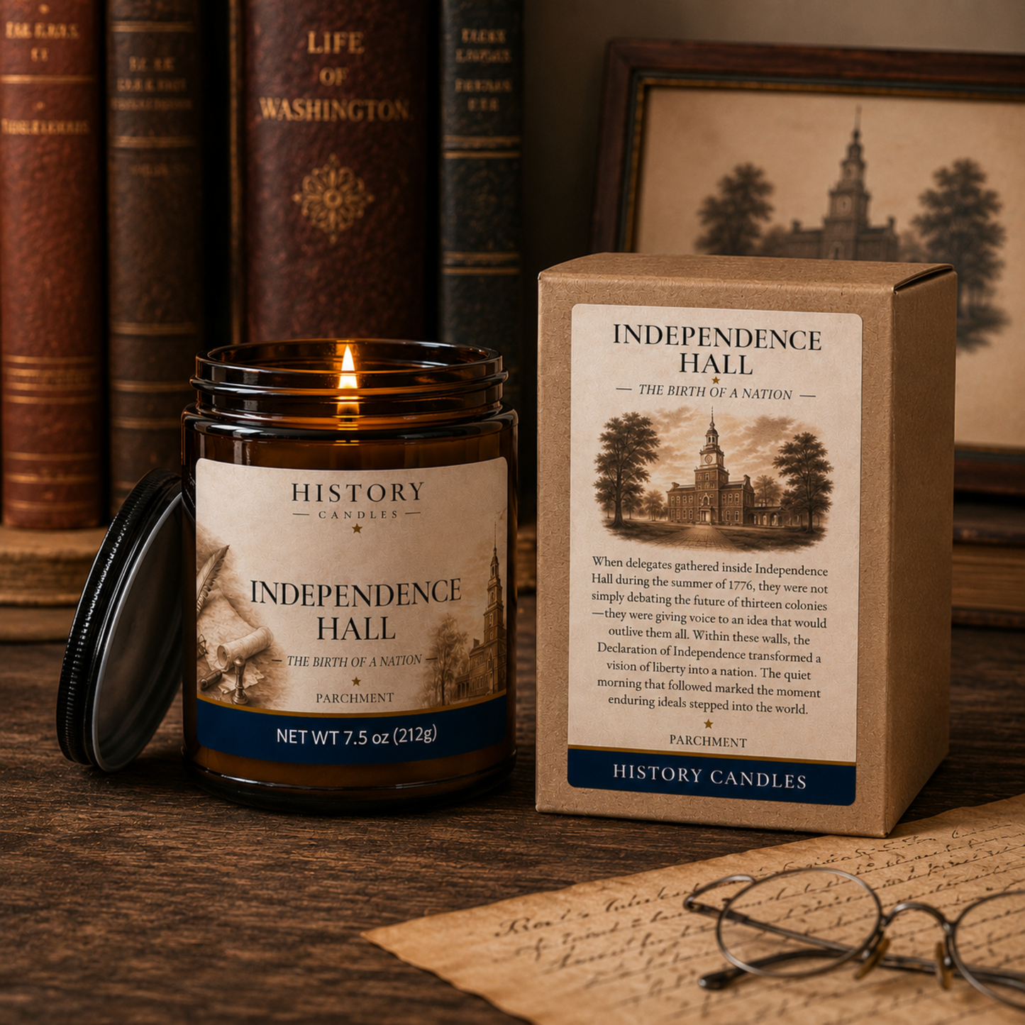 Independence Hall History Candle displayed n a historical study with its premium gift box.