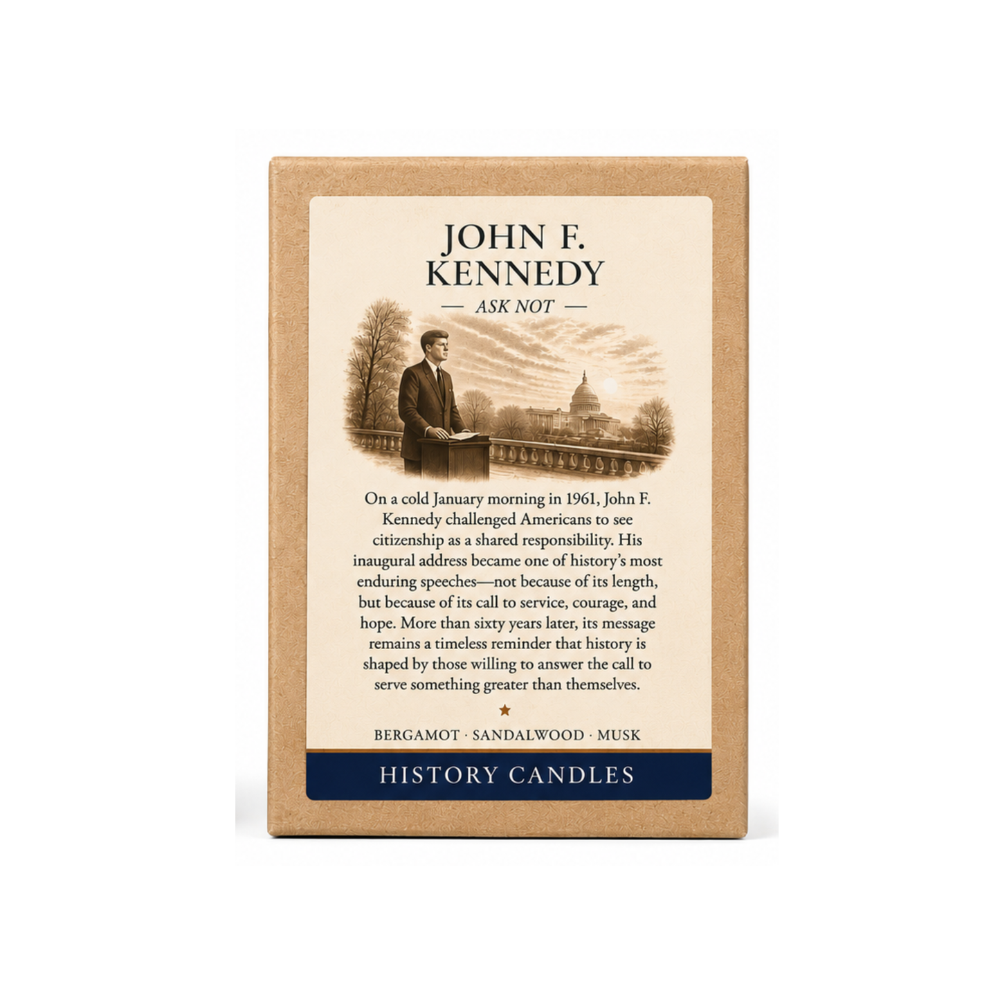 Premium JFK candle gift box featuring original historical artwork and the Bergamot, Sandalwood & Musk fragrance.