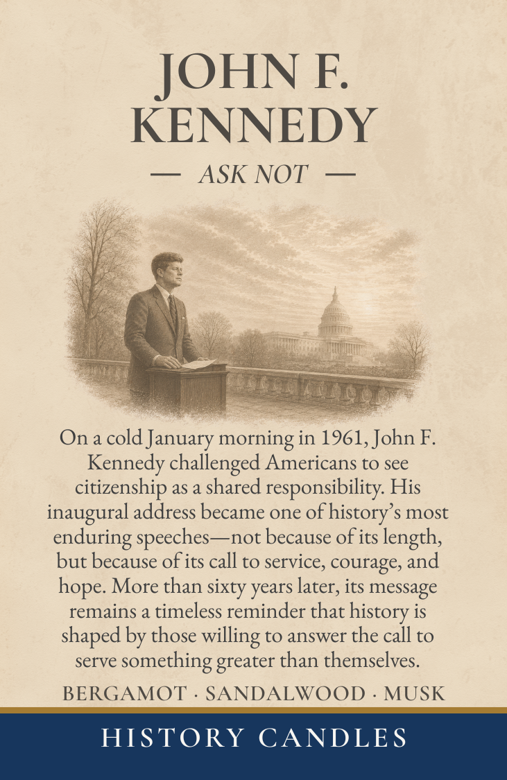 Close-up of the JFK gift box label featuring original historical artwork and the story behind John F. Kennedy candle.