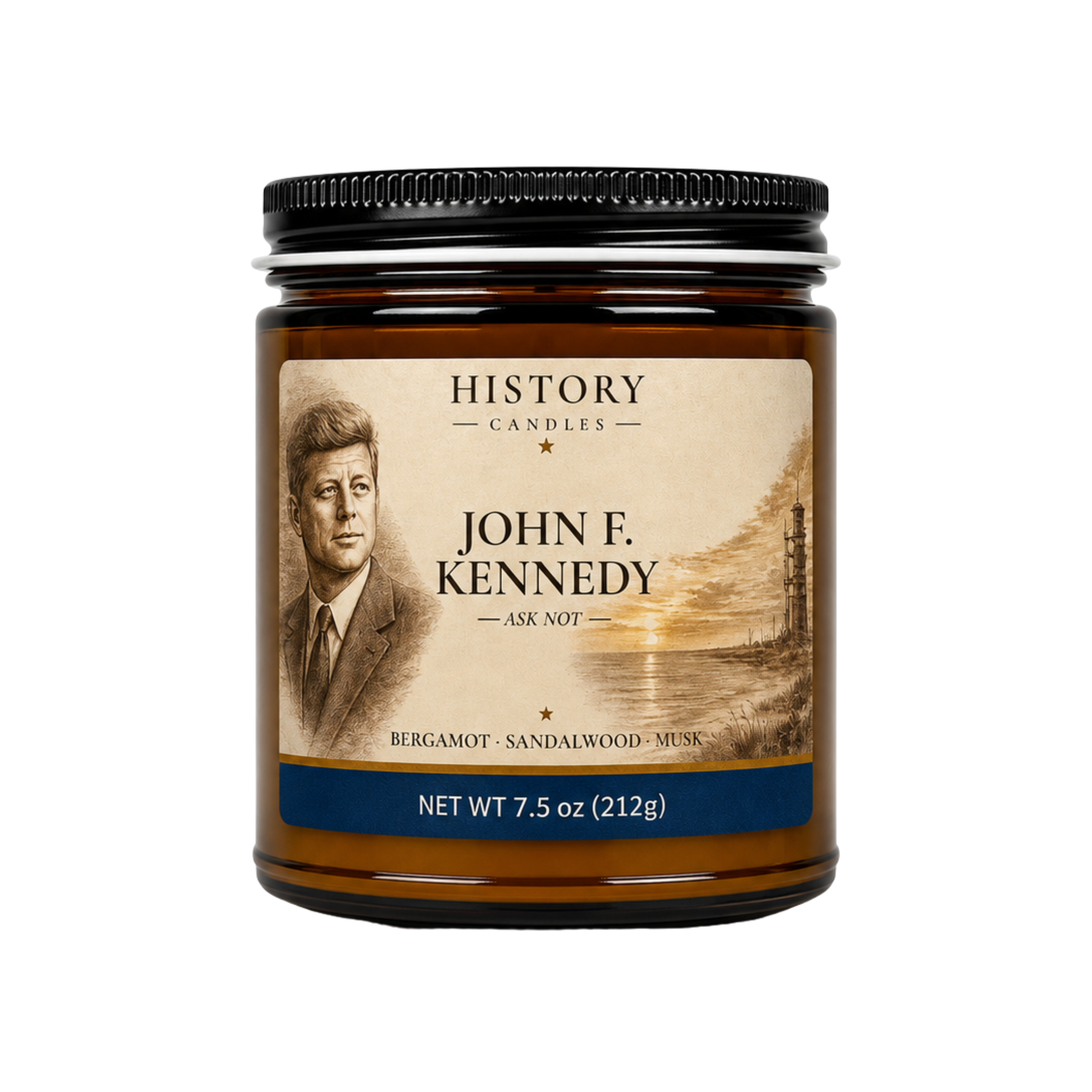 JFK candle in an amber glass jar with black lid, featuring John F. Kennedy artwork and a Bergamot, Sandalwood & Musk fragrance.