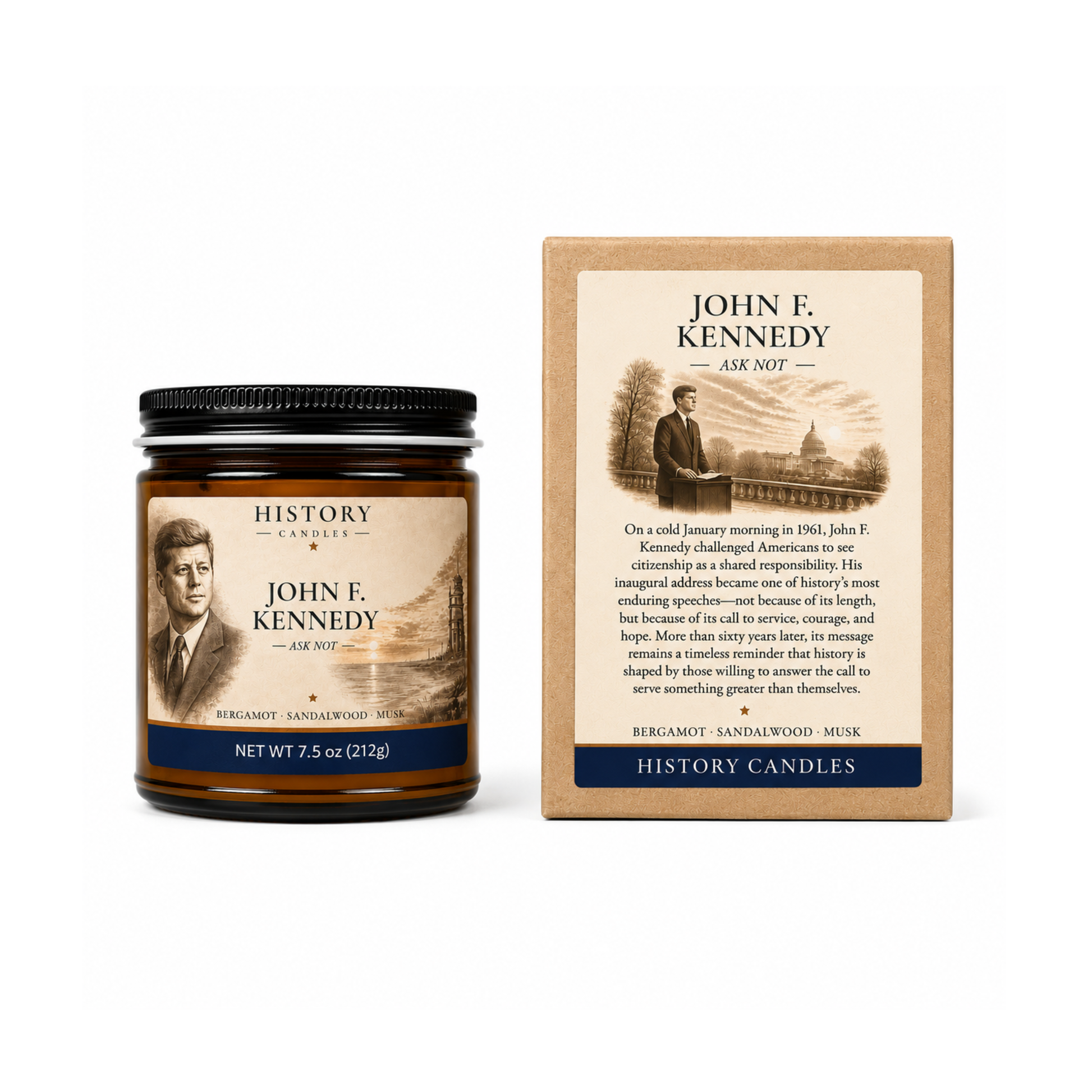 JFK candle displayed beside its premium gift box featuring coordinated John F. Kennedy historical artwork.