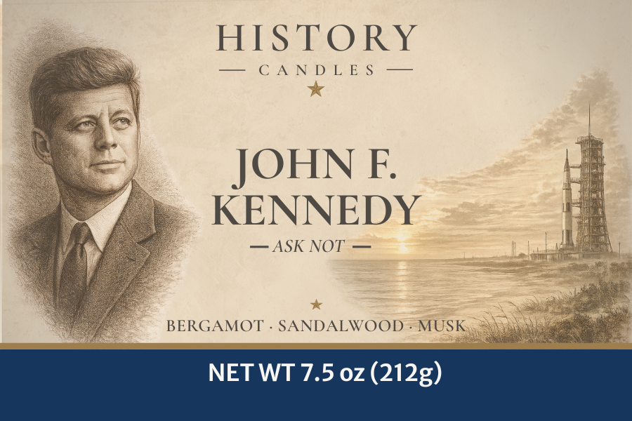 Close-up of the JFK candle label featuring John F. Kennedy artwork and Bergamot, Sandalwood & Musk scent details.