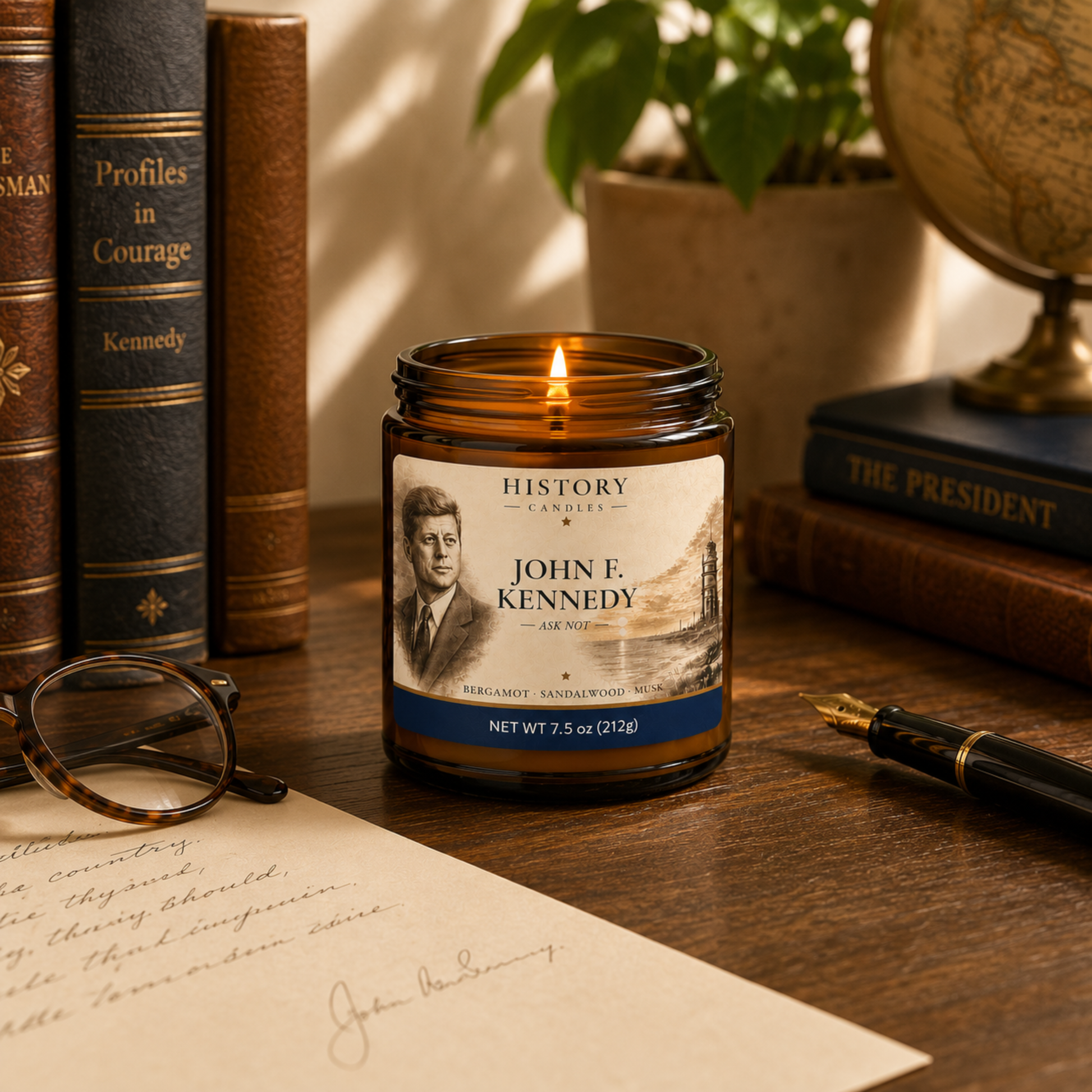 Lit JFK candle styled in a warm historical setting with presidential memorabilia and reflective museum-inspired decor.