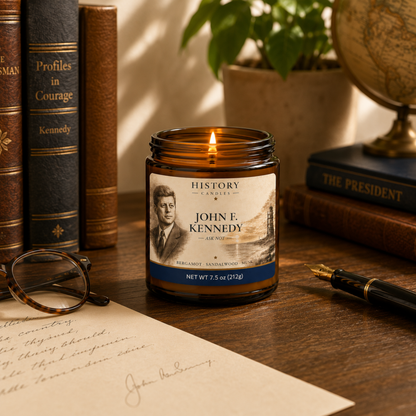 Lit JFK candle styled in a warm historical setting with presidential memorabilia and reflective museum-inspired decor.