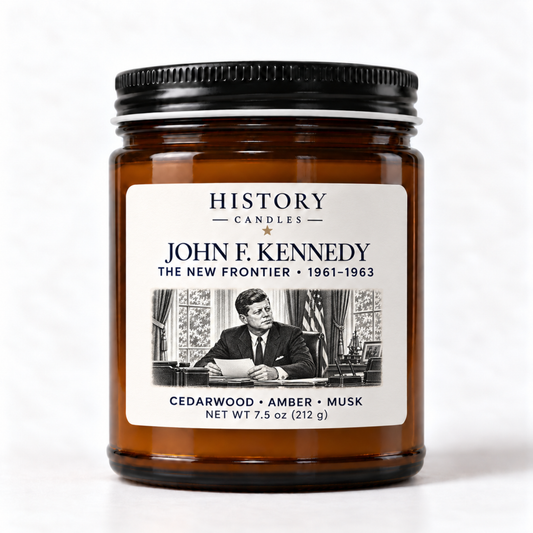 John F. Kennedy candle in an amber jar with a black lid and monochrome engraving of Kennedy at his Oval Office desk.