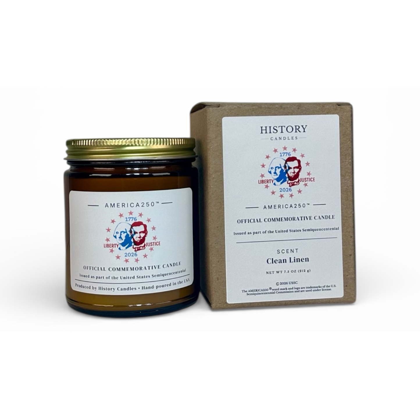 Liberty and Justice America250™ candle with gift-ready box packaging