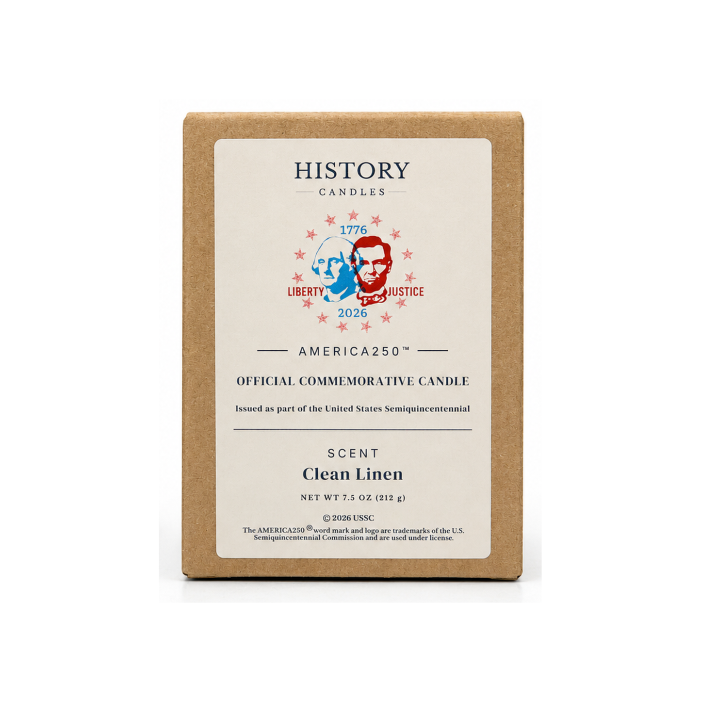 A square kraft paper box of History Candles' America250 Official Commemorative Candle in 'Clean Linen' scent, shown on a clean white background.