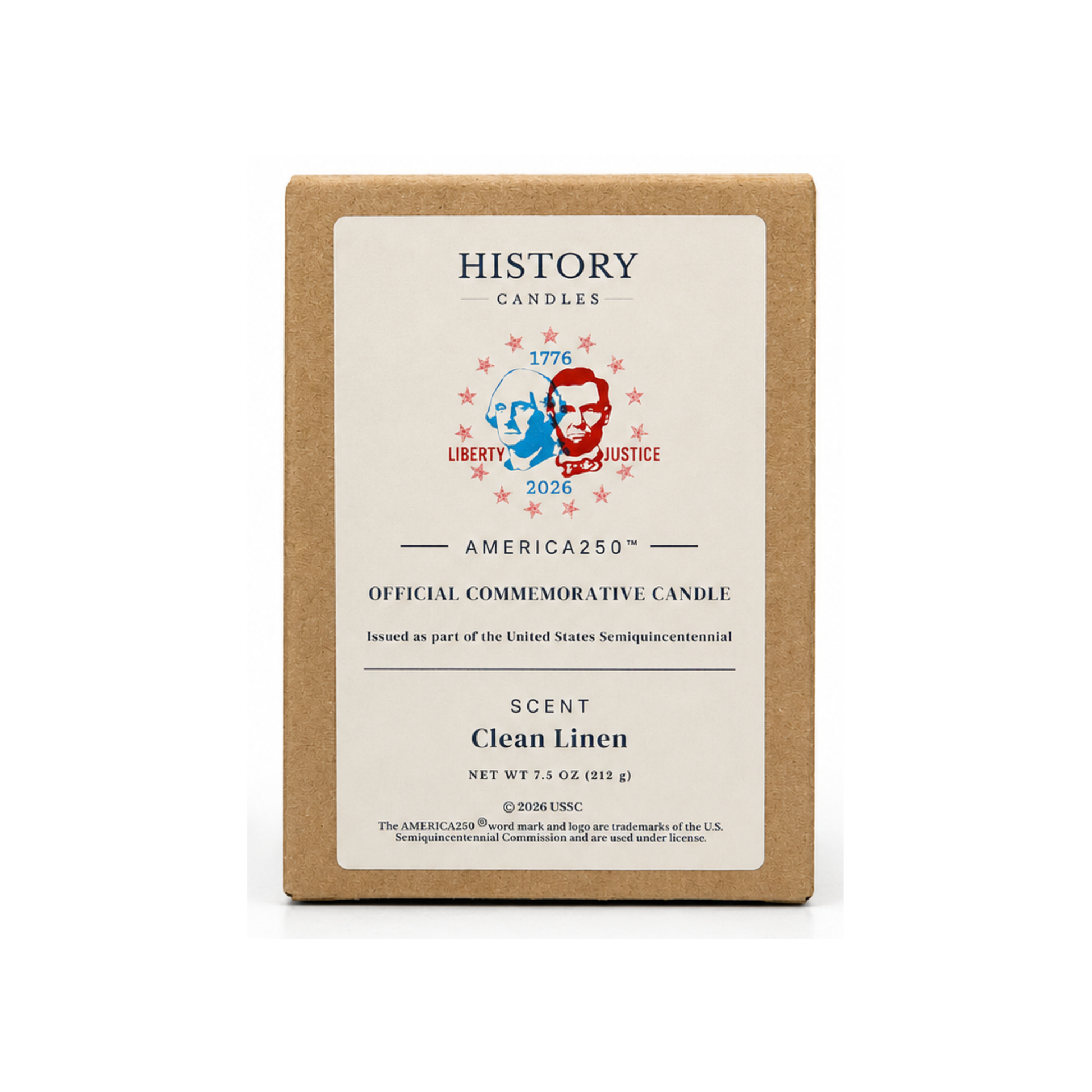 A square kraft paper box of History Candles' America250 Official Commemorative Candle in 'Clean Linen' scent, shown on a clean white background.