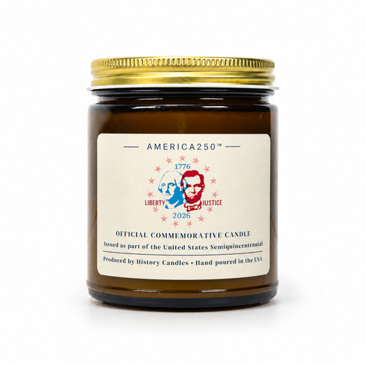 An amber glass jar candle with a gold metal lid and a cream-colored label. The label features the brand name 'AMERICA250' and a commemorative design for 'Liberty and Justice 2026' with portraits of Thomas Jefferson and Abraham Lincoln.