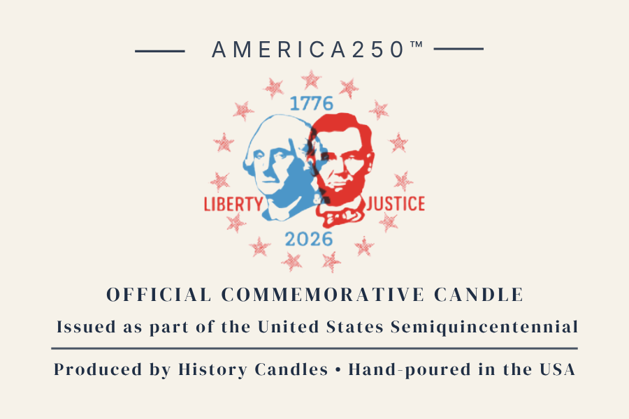 Official commemorative candle label for the America250 candle, celebrating the United States semiquincentennial with portraits of George Washington and Thomas Jefferson in blue and red, surrounded by stars and the words 'Liberty' and 'Justice'.