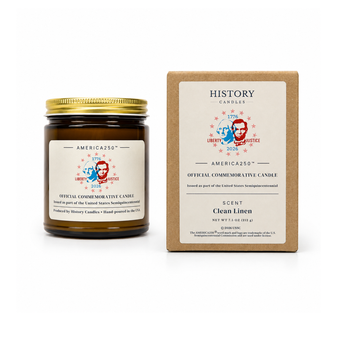 An amber glass jar candle with a gold lid and a cream label stands next to its kraft paper box. The box is labeled 'HISTORY Candles' and 'Official Commemorative Candle' for 'America250 Liberty Justice 2026' in the 'Clean Linen' scent.