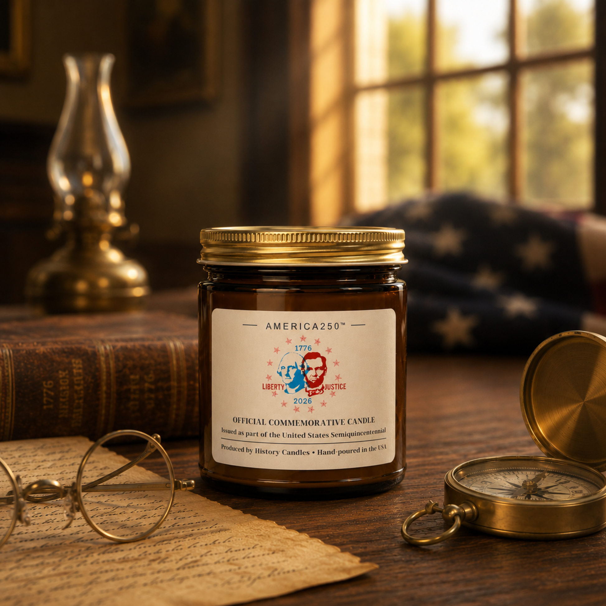 An amber glass jar candle with a gold lid and a white label reading 'AMERICA250th LIBERTY AND JUSTICE 2026' sits on a wooden table surrounded by vintage props including a book, glasses, a compass, and a lantern in a warm, softly blurred interior setting.
