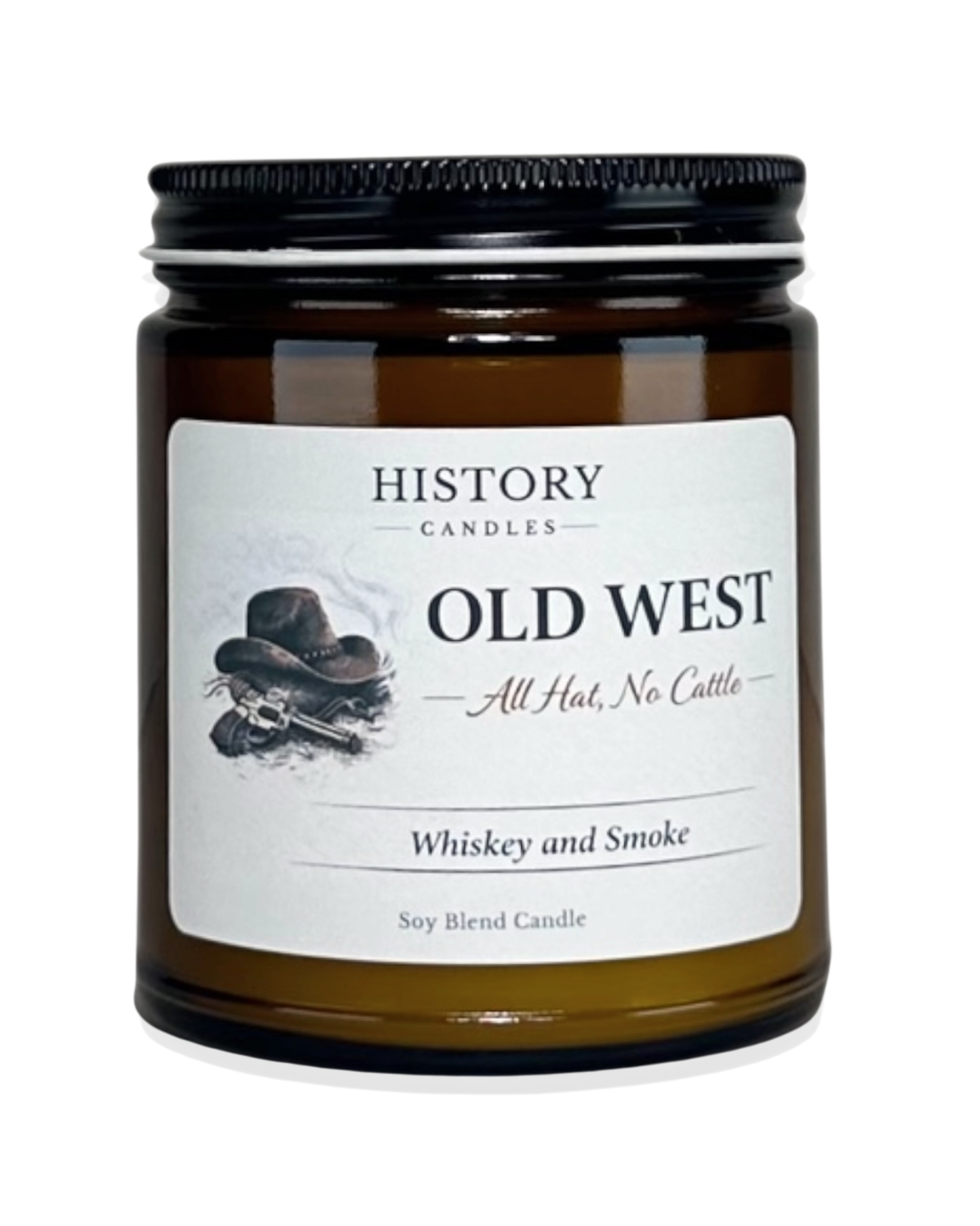 Old West soy candle in amber glass jar with black lid on white background