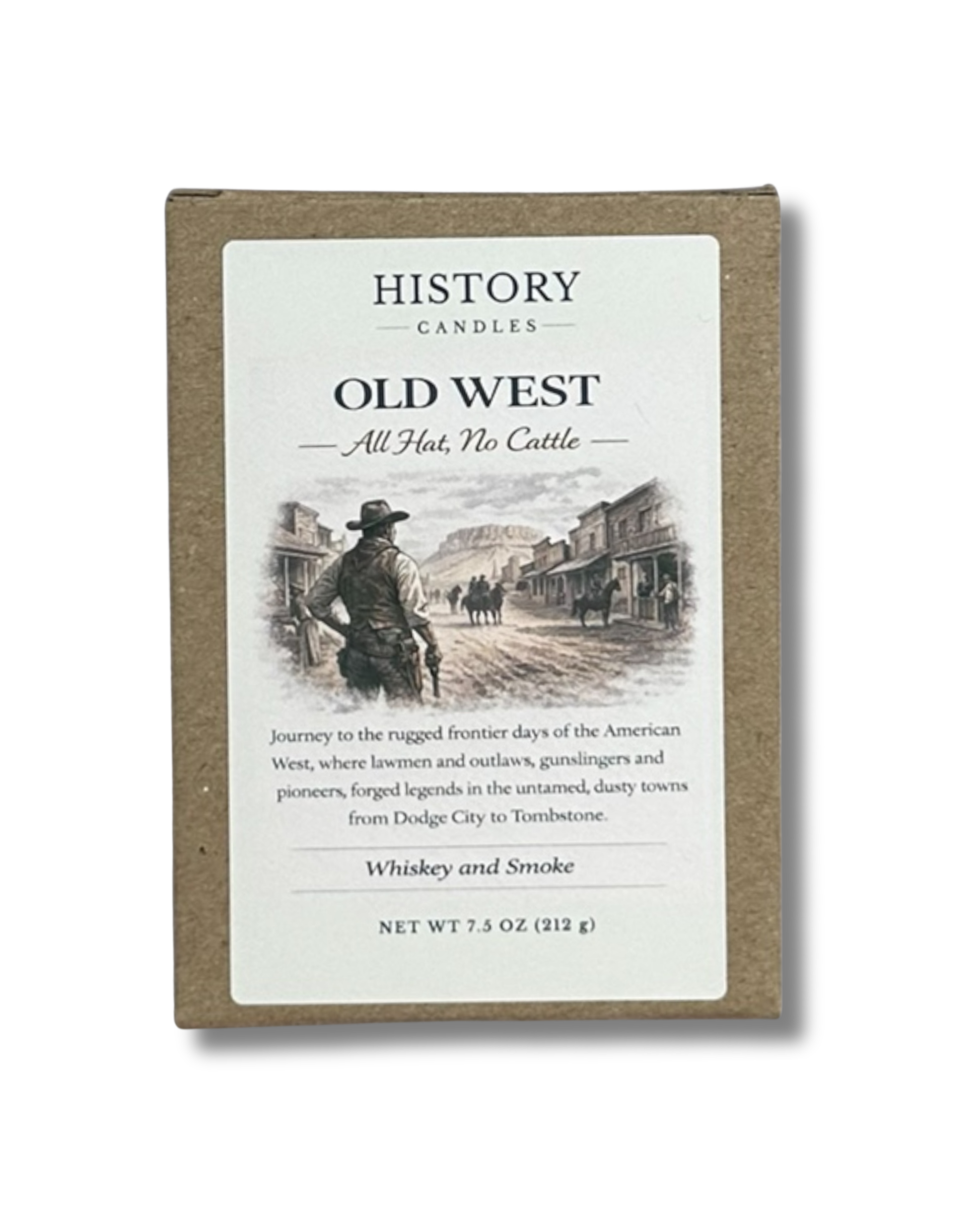 Old West soy candle with branded History Candles gift box