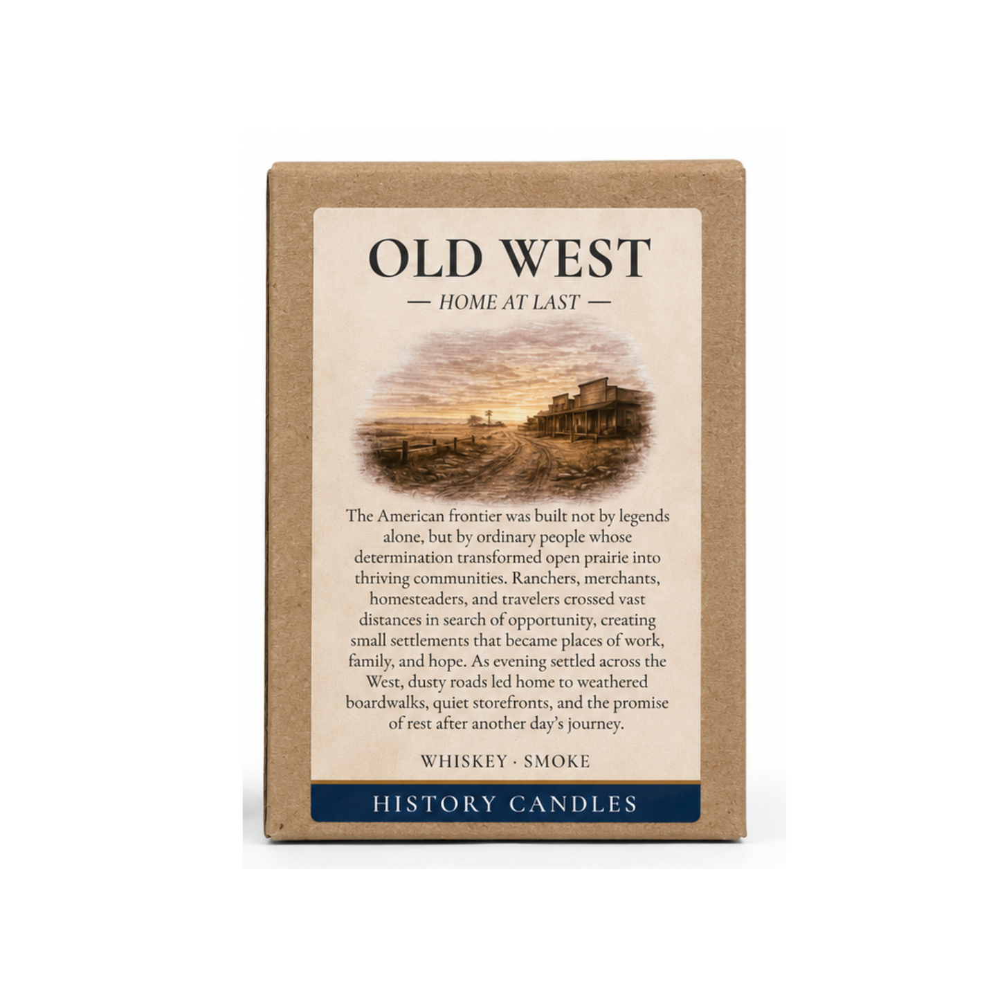 Front of the Old West gift box from History Candles featuring vintage Western artwork and product title.