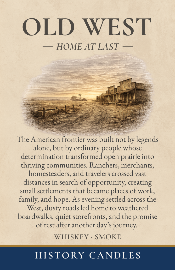 Old West History Candle story panel with historical narrative and product details in a vintage-inspired design.