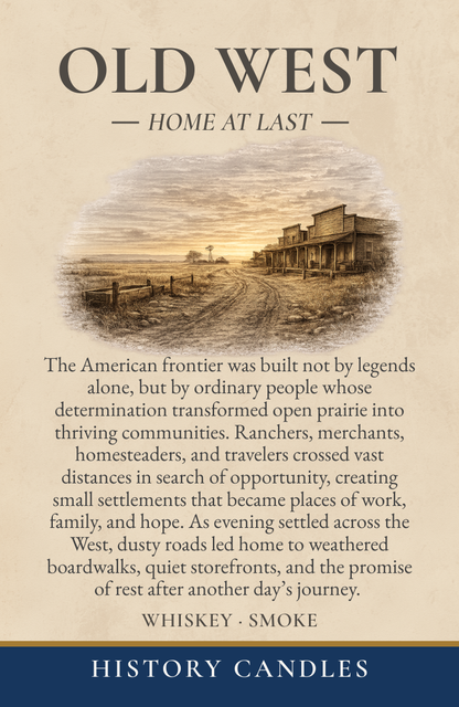 Old West History Candle story panel with historical narrative and product details in a vintage-inspired design.