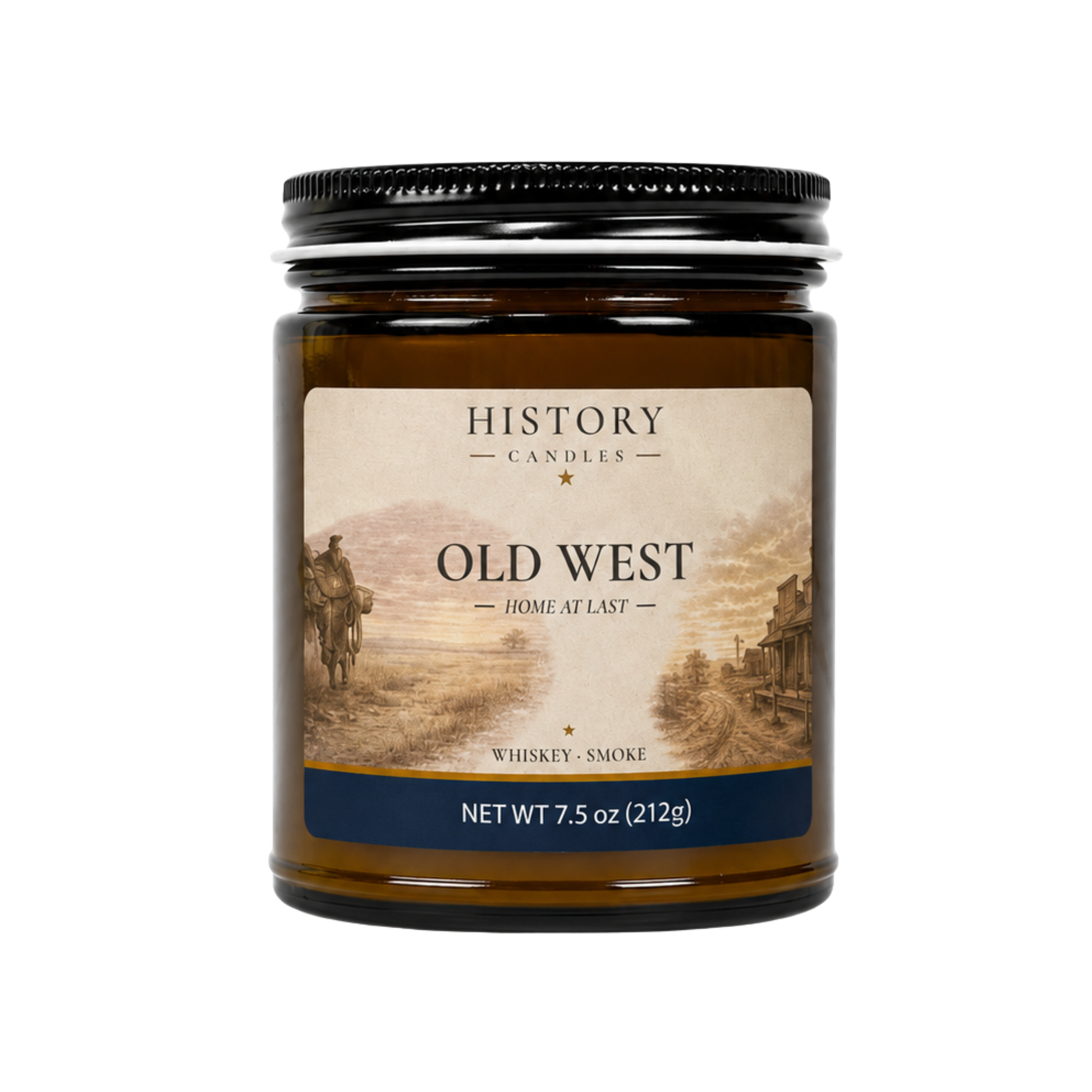 Old West candle in an amber glass jar with black lid, featuring Old West artwork and a Whiskey & Smoke fragrance.