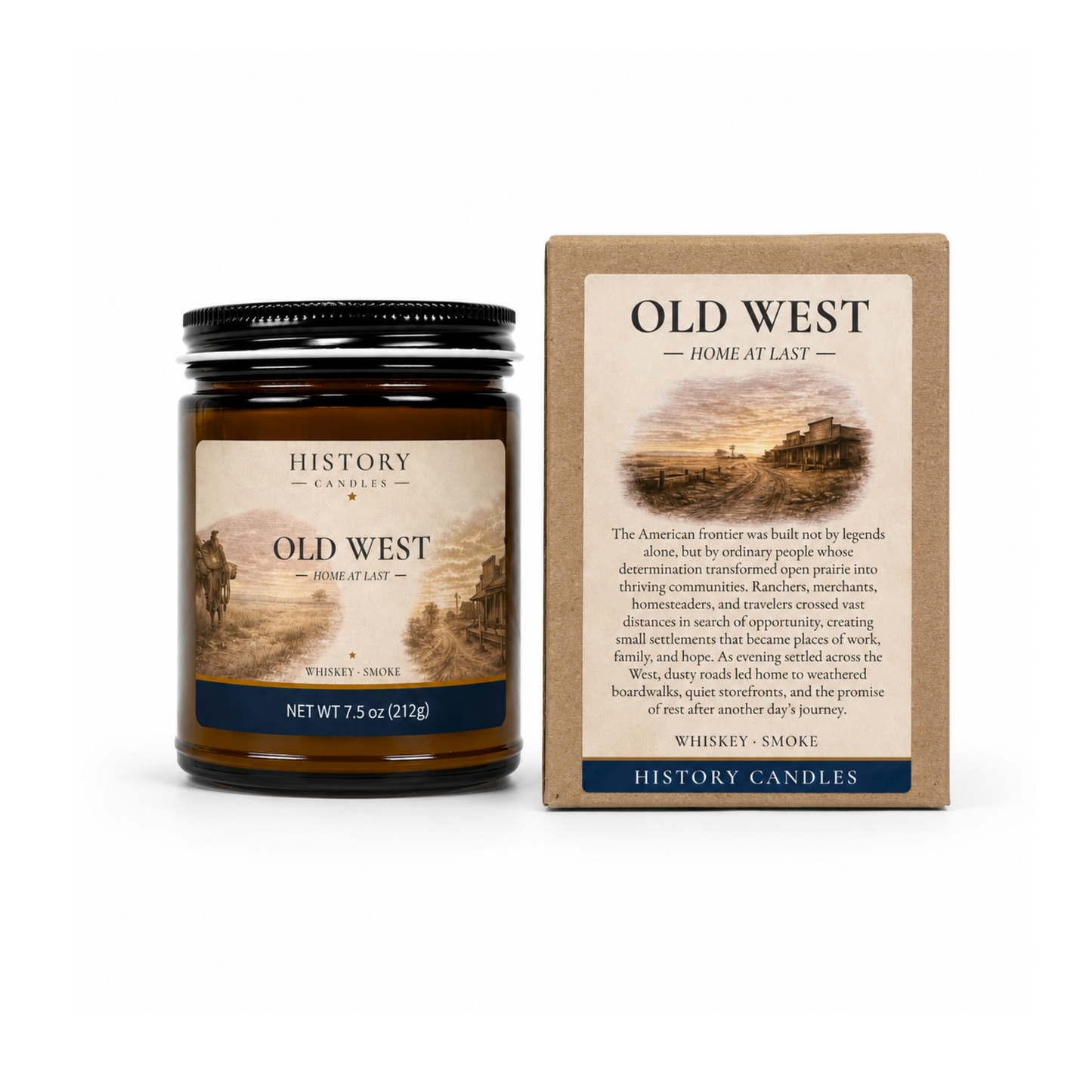 Old West History Candle in an amber jar displayed beside its coordinating gift box with original Western artwork.
