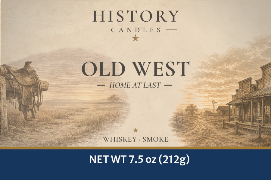 Close-up of the Old West candle label showing original Western-themed artwork and product design.