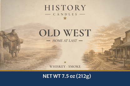 Close-up of the Old West candle label showing original Western-themed artwork and product design.