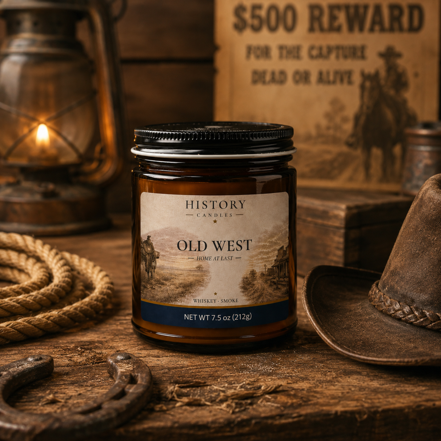 Old West candle by History Candles styled in a warm rustic setting with Western-styled decor.