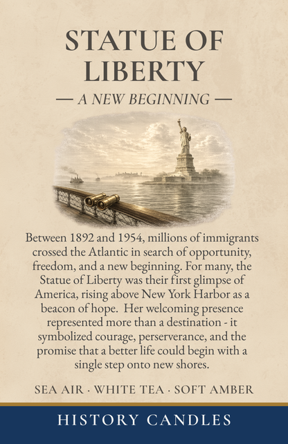 Close-up of the Statue of Liberty gift box story panel describing immigrants arriving in New York Harbor in search of freedom and opportunity. 